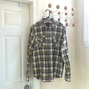 Ben Sherman - Western Pearl Snap Plaid Casual Button Down Shirt - Grey/Brown XL